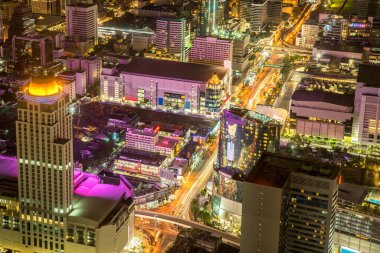 Bangkok şehri - güzel gün batımı uzun pozlama ışığı, gece şehir manzarası, Bangkok Tayland manzarası