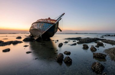 Güzel gün batımı, denize düşen tekneler, Tayland manzarası.