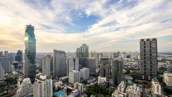 Bangkok City - Aerial view Bangkok city urban downtown skyline tower of Thailand on blue sky background , City scape Thailand