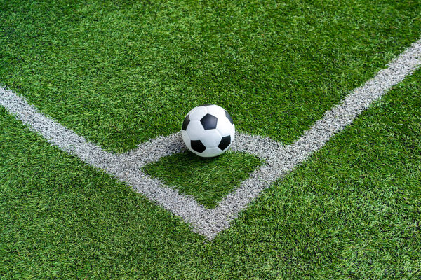 soccer Football on Corner kick line of ball and a soccer field , football field , background texture