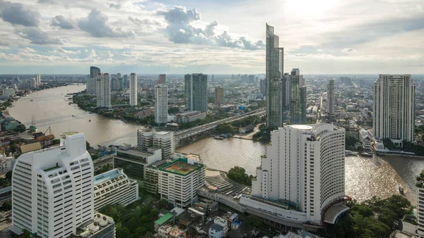 Luftaufnahme Kurve Chao Phraya River Bangkok Stadt Innenstadt Skyline Von — Stockfoto