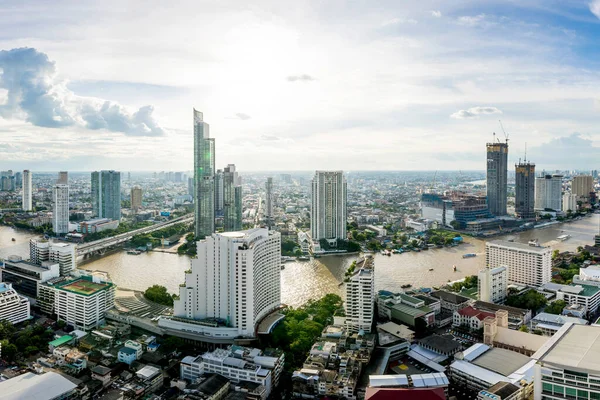 Aerial View Curve Chao Phraya River Bangkok City Downtown Skyline — Stock Photo, Image