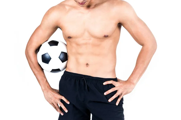 Fitness Homem Segurando Uma Bola Futebol Fundo Branco — Fotografia de Stock