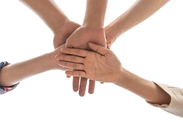 Unter Dem Blickwinkel Freundschaft Menschen Partnerschaft Teamarbeit Stapeln Hände Auf — Stockfoto