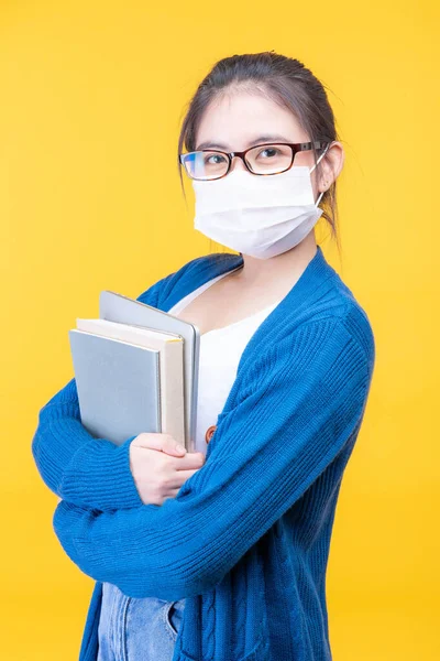Portrait Beautiful Young Woman Student Wear Mask Holding Textbook Studying — Stock Photo, Image