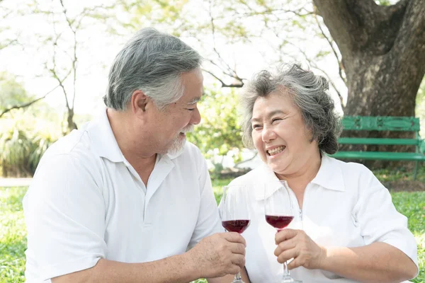 Happy love Elderly couple smile holding a wine glass , Senior couple old man and senior woman relaxing in a forest Celebrate the wedding anniversary - lifestyle senior concept