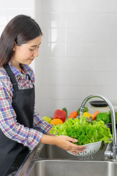 Lifestyle Mooi Aziatisch Gezond Meisje Vullen Gelukkig Wassen Groenten Gootsteen — Stockfoto