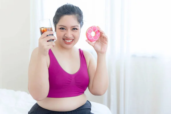 Portrait Asian Plump Woman Joy Eating Junk Food Sweet Treat — 스톡 사진