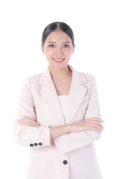 Retrato Hermosa Mujer Asiática Trabajo Chica Negocios Pie Brazos Cruzados — Foto de Stock