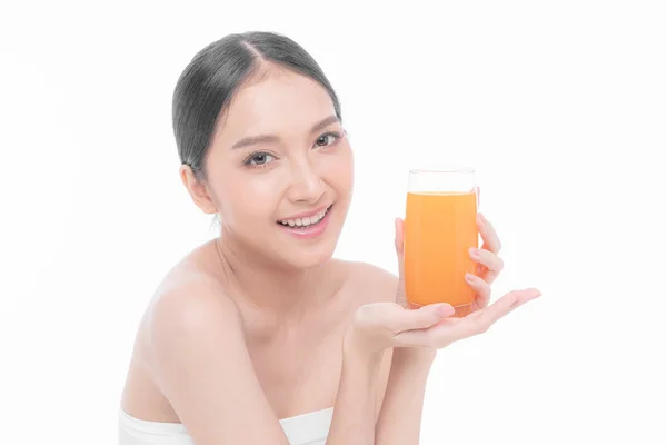 Mooie Schoonheid Aziatische Vrouw Schattig Meisje Feel Gelukkig Drinken Sinaasappelsap — Stockfoto