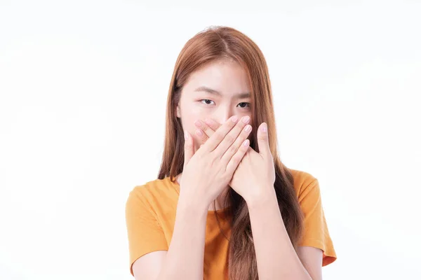 Asian Girl Used Two Hands Closed Covering His Mouth Protection — 스톡 사진