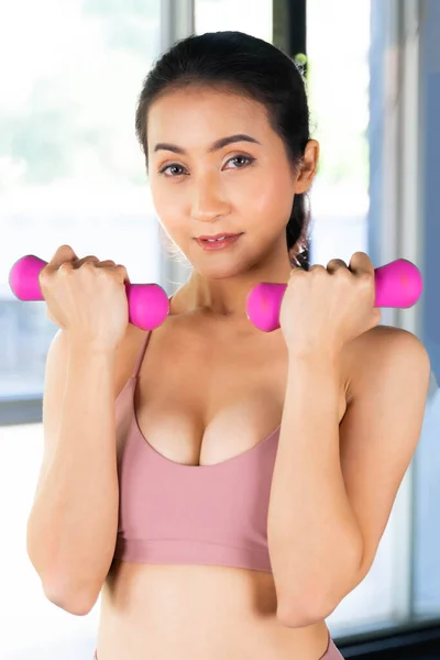 Beautiful Fitness Woman Working Push Dumbbells Gym Fitness Room Asian — Stock Photo, Image