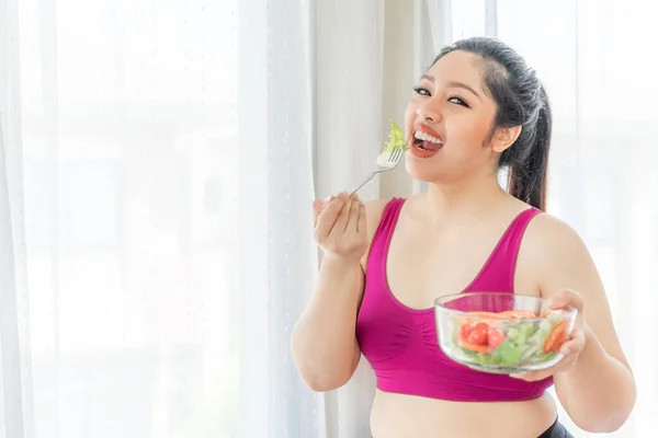 Overweight Asian Plump Female Fat Women Fat Girl Chubby Eating — Stock Photo, Image