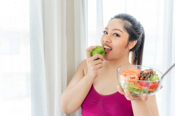 Overweight Asian Plump Female Fat Women Fat Girl Chubby Eating — 스톡 사진