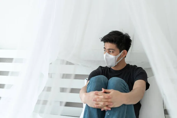 Homme Asiatique Portant Masque Facial Pour Protéger Mal Tête Toux — Photo