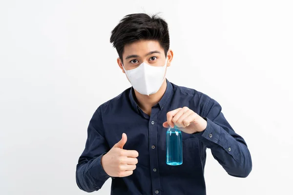 Asian Man Wearing Face Mask Holding Alcohol Washing Hands Protect — Stock Photo, Image