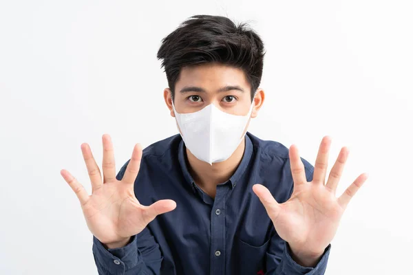 Stop Civid Asian Man Wearing Face Mask Show Stop Hands — Stock Photo, Image