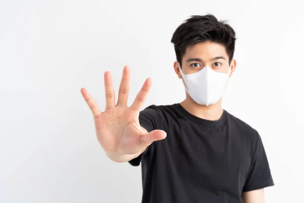 Stop Civid Asian Man Wearing Face Mask Show Stop Hands — Stock Photo, Image