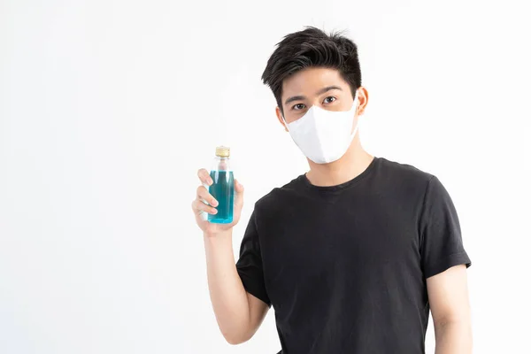 Homme Asiatique Portant Masque Visage Tenant Alcool Pour Laver Les — Photo