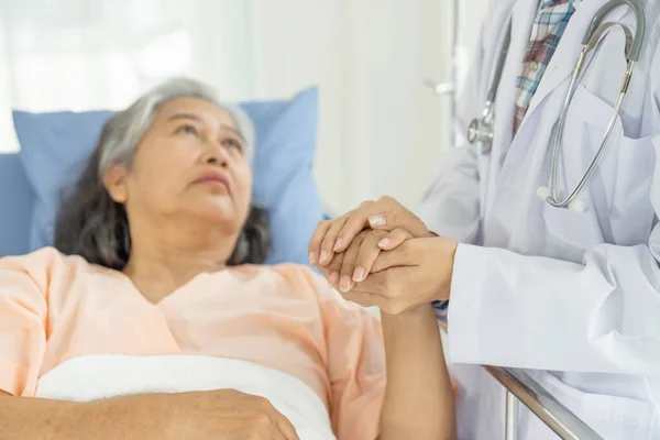 Doctors Hold Hands Encourage Elderly Senior Woman Patients Hospital Senior — 스톡 사진