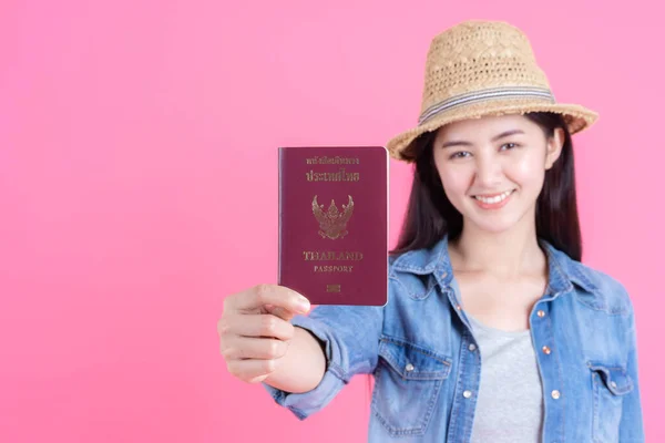 Female Traveler Wearing Hat Holding Passport Portrait Pretty Smiling Happy — Stock Photo, Image