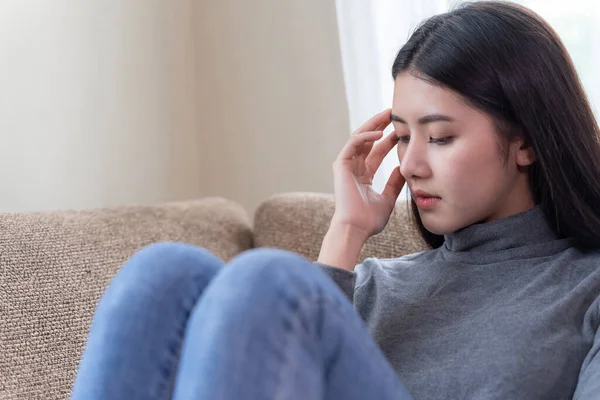 Close Face Unhappy Asian Pretty Young Woman Siting Alone Couch — Stock Photo, Image