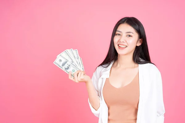 Exitosa Hermosa Mujer Joven Negocios Asiática Sosteniendo Billetes Dólar Estadounidense — Foto de Stock