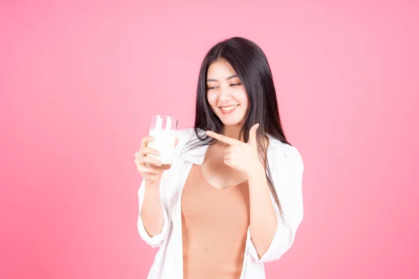 Schoonheid Vrouw Aziatisch Schattig Meisje Voelen Gelukkig Drinken Melk Voor — Stockfoto