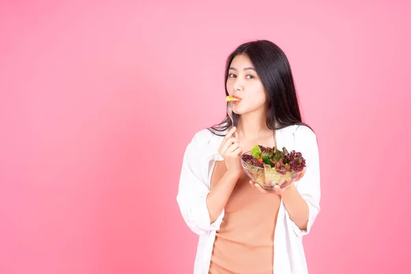 Όμορφη Γυναίκα Ασιατικό Χαριτωμένο Κορίτσι Αισθάνονται Ευτυχείς Τρώει Διατροφή Φρέσκια — Φωτογραφία Αρχείου