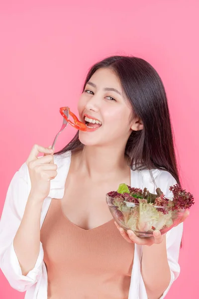 Beauty Woman Asian Cute Girl Feel Happy Eating Diet Food — Stock Photo, Image