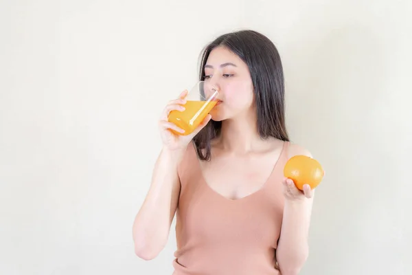 Mulher Beleza Bonita Menina Bonito Asiático Sentir Feliz Beber Suco — Fotografia de Stock