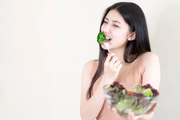 Beautiful Beauty Woman Asian Cute Girl Feel Happy Eating Diet — Stock Photo, Image