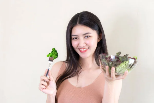 Hermosa Mujer Belleza Asiática Linda Chica Siente Feliz Comiendo Comida —  Fotos de Stock