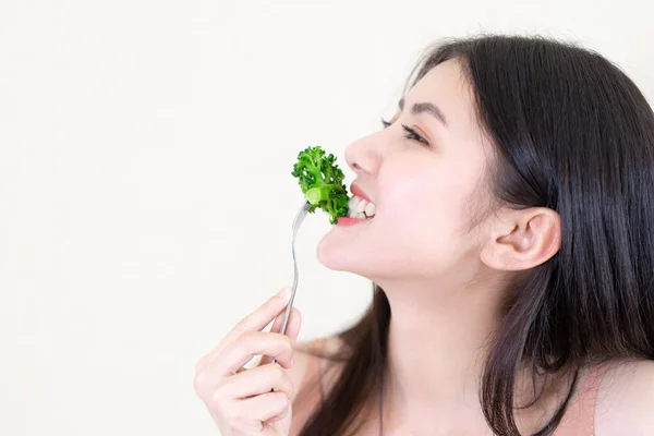 Beautiful Beauty Woman Asian Cute Girl Feel Happy Eating Diet — Stock Photo, Image