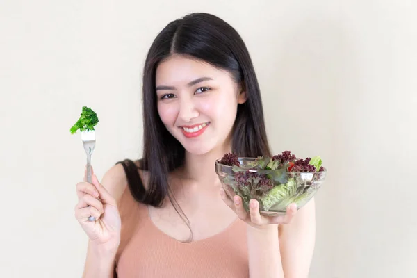 Beautiful Beauty Woman Asian Cute Girl Feel Happy Eating Diet — Stock Photo, Image