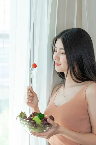 Beautiful Beauty Woman Asian Cute Girl Feel Happy Eating Diet — Stock Photo, Image