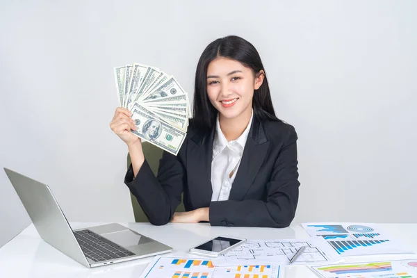 Successful Beautiful Asian Business Young Woman Holding Money Dollar Bills — Stock Photo, Image