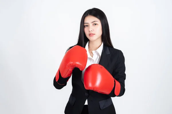 Krásný Asijský Obchod Mladá Žena Nošení Boxerské Rukavice Ruce Obchodní — Stock fotografie