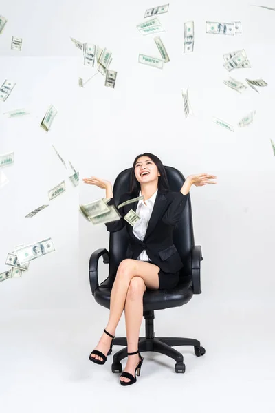 Portrait Young Asian Businesswoman Sitting Boss Shair Happily Many Flying —  Fotos de Stock