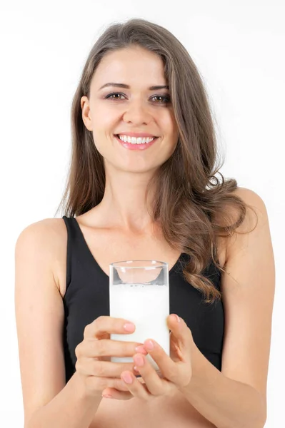 Belleza Mujer Linda Chica Siente Feliz Beber Leche Para Una —  Fotos de Stock