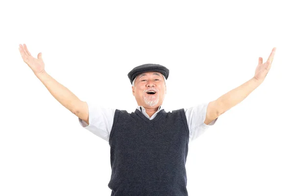 Портрет Пожилой Человек Чувствовать Себя Счастливым Хорошее Здоровье Поднять Обе — стоковое фото