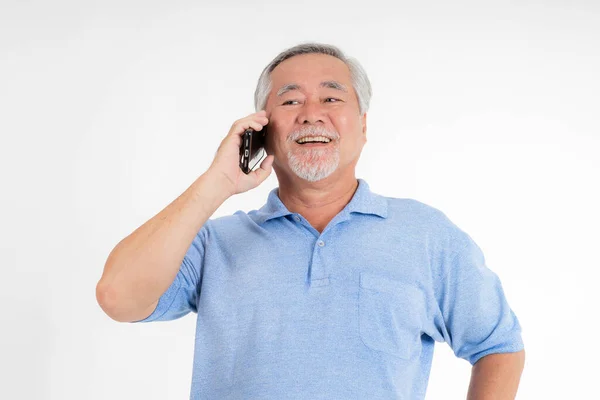 Senior Male Old Man Using Smartphone Smile Feel Happy White — Stockfoto