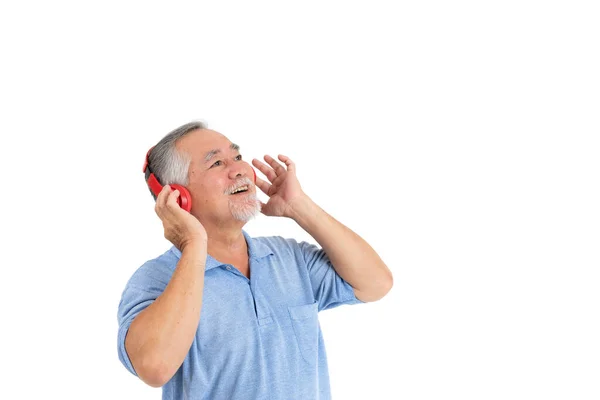 Lifestyle Senior Man Feel Happy Enjoy Listening Music Earphones Headphones — Stock Photo, Image