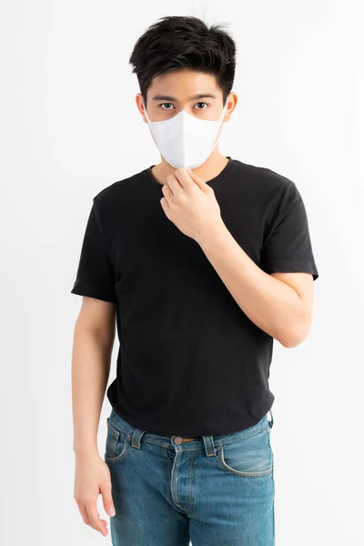 Asian Man Wearing Face Mask Protect Spread Covid Coronavirus White — Stock Photo, Image