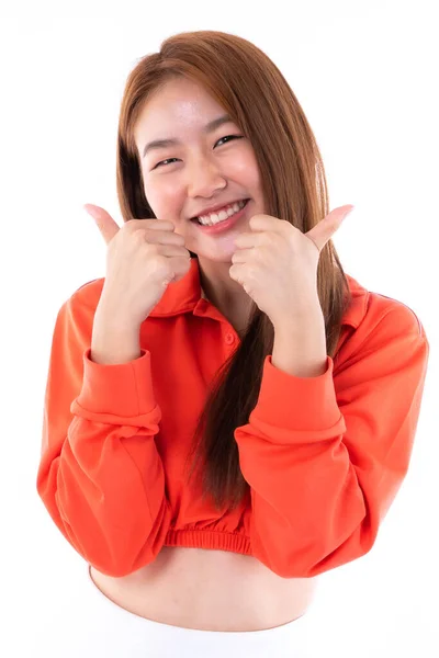 Όμορφη Χαριτωμένο Κορίτσι Ασιατική Γυναίκα Δείχνει Σημάδι Χέρια Χαμόγελο Πρόσωπο — Φωτογραφία Αρχείου