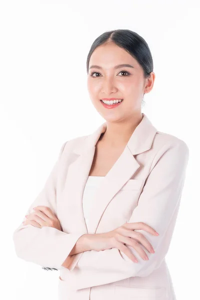 Retrato Hermosa Mujer Asiática Trabajo Chica Negocios Pie Brazos Cruzados — Foto de Stock