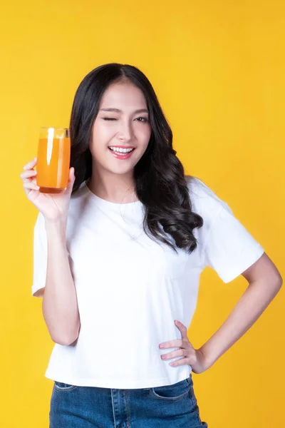 Krásná Krása Asijské Žena Roztomilý Dívka Pocit Šťastný Pití Pomerančové — Stock fotografie