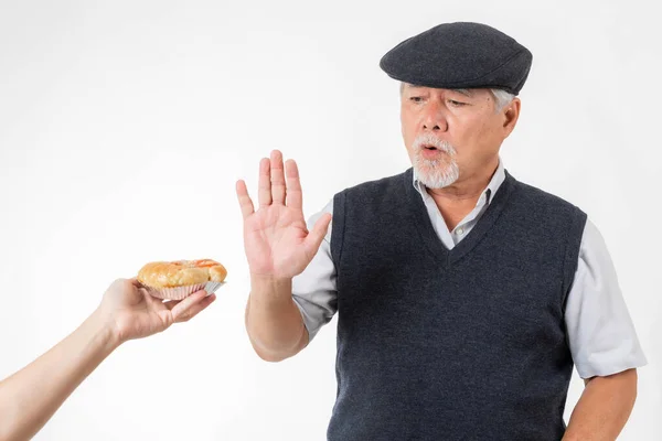 Пожилой Азиат Поднял Руку Отказался Принять Хлеб Пиццы Проявил Большую — стоковое фото