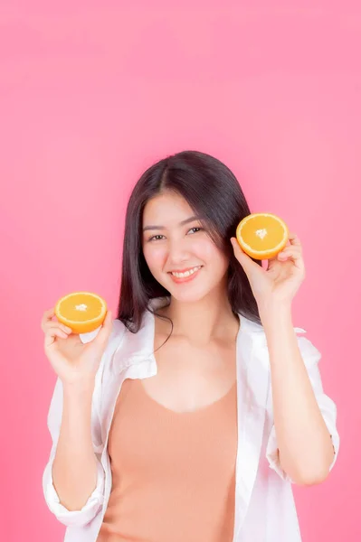 Bela Mulher Asiática Bonito Menina Sentir Feliz Segurando Fruta Maçã — Fotografia de Stock