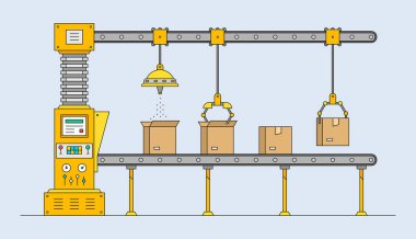 Taşıyıcı sistem. Otomatik üretim hattı. Robot endüstrisi konsepti. Endüstri makinesi. Karton Kutular ile Taşıyıcı Otomatik Üretim Hattı 